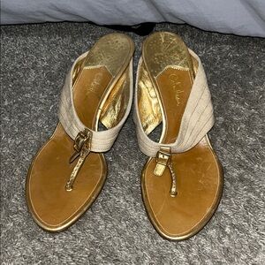 Cole Haan Gold and Tan Sandals with T-Strap Design
